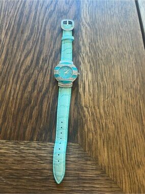 Adrienne Turquoise Rhinestone Watch – Genuine Leather Band – Needs Battery